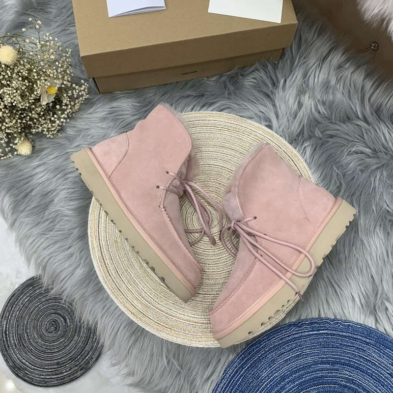 Pink Faux Fur Trim Lace-Up Ankle Boots – In Stock